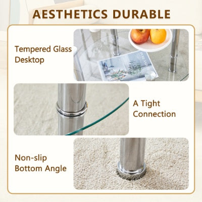 Contemporary Minimalist Double Layer Tempered Glass Coffee Table  27.5 Top And 23.6 Bottom.Reinforced Glass Tabletop,Stainless Steel Silver Plated Legs