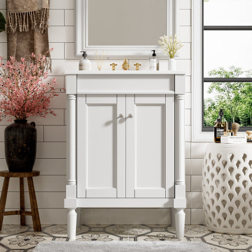24'' Bathroom Vanity With Top Sink, 2-Tier Modern Bathroom Storage Cabinet, Single Sink Bathroom Vanity, Large Storage Shelves