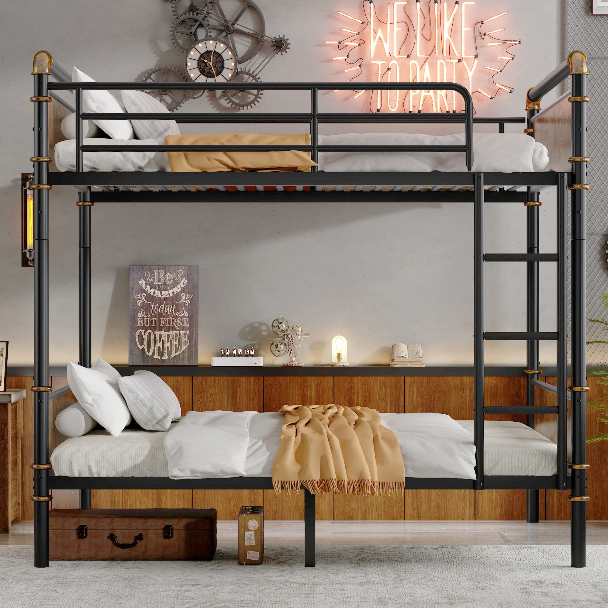 Double Bed Plus Double Bed Plus Metal Bunk Bed, Industrial Grade Detachable Bunk Bed With Safety Railing, Suitable For Teenagers, Black,