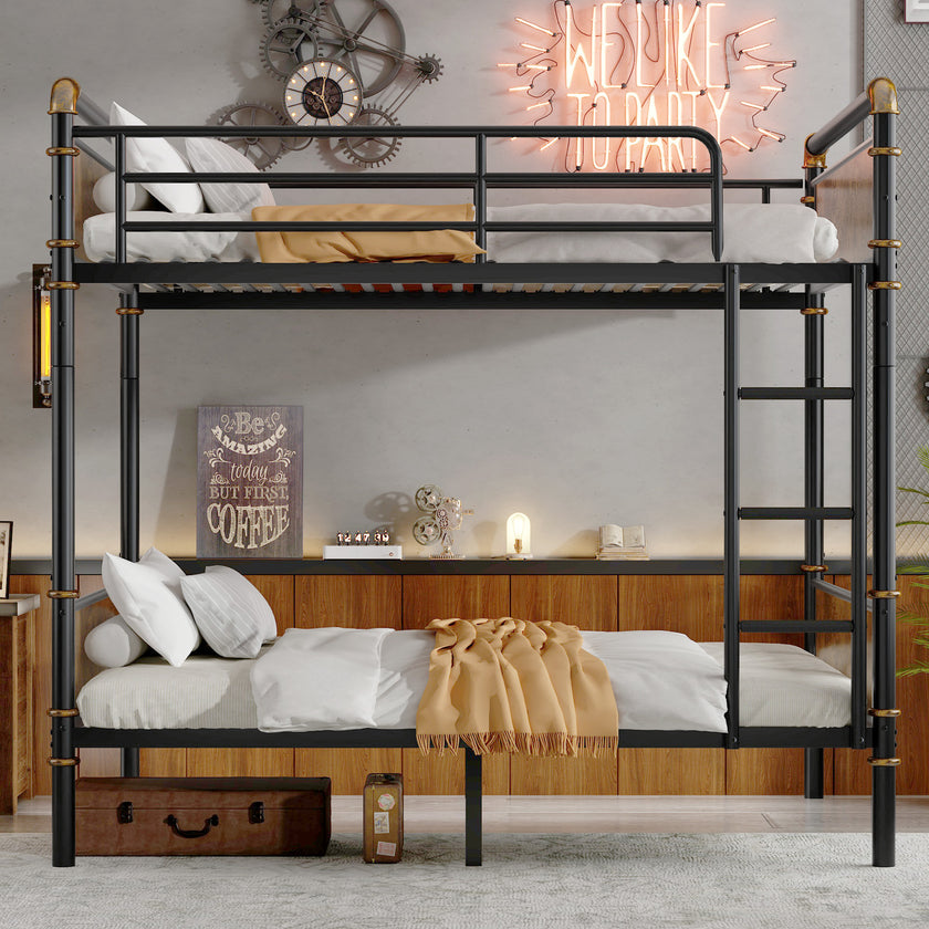 Double Bed Plus Double Bed Plus Metal Bunk Bed, Industrial Grade Detachable Bunk Bed With Safety Railing, Suitable For Teenagers, Black,