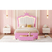 Twin Size Upholstered Bed Frame With LED Lights, Modern Upholstered Princess Bed With Crown Headboard, A Drawer