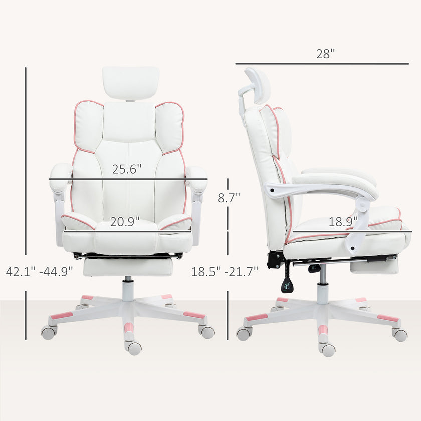 PU Leather Office Chair, Executive Desk Chair With Headrest, Foot Rest, Swivel Wheels, Reclining Computer Chair, White