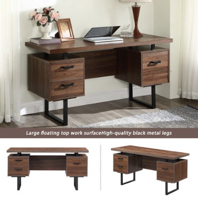 Home Office Computer Desk With Drawers Hanging Letter-size Files, 59 Inch Writing Study Table With Drawers