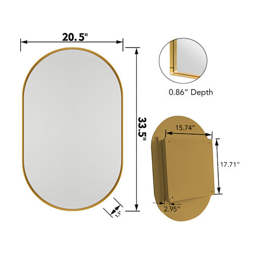 20x34 Inch Oval Recessed Medicine Cabinet, Metal Framed Bathroom Wall Cabinet With Mirror And Adjustable Shelves, Wall Mirror With Storage For Bathroom, Matte Gold