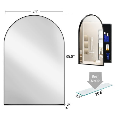 24x36 Inch Arched Recessed Medicine Cabinet, Metal Framed Bathroom Wall Cabinet With Mirror And Adjustable Shelves, Wall Mirror With Storage For Bathroom, Matte Black
