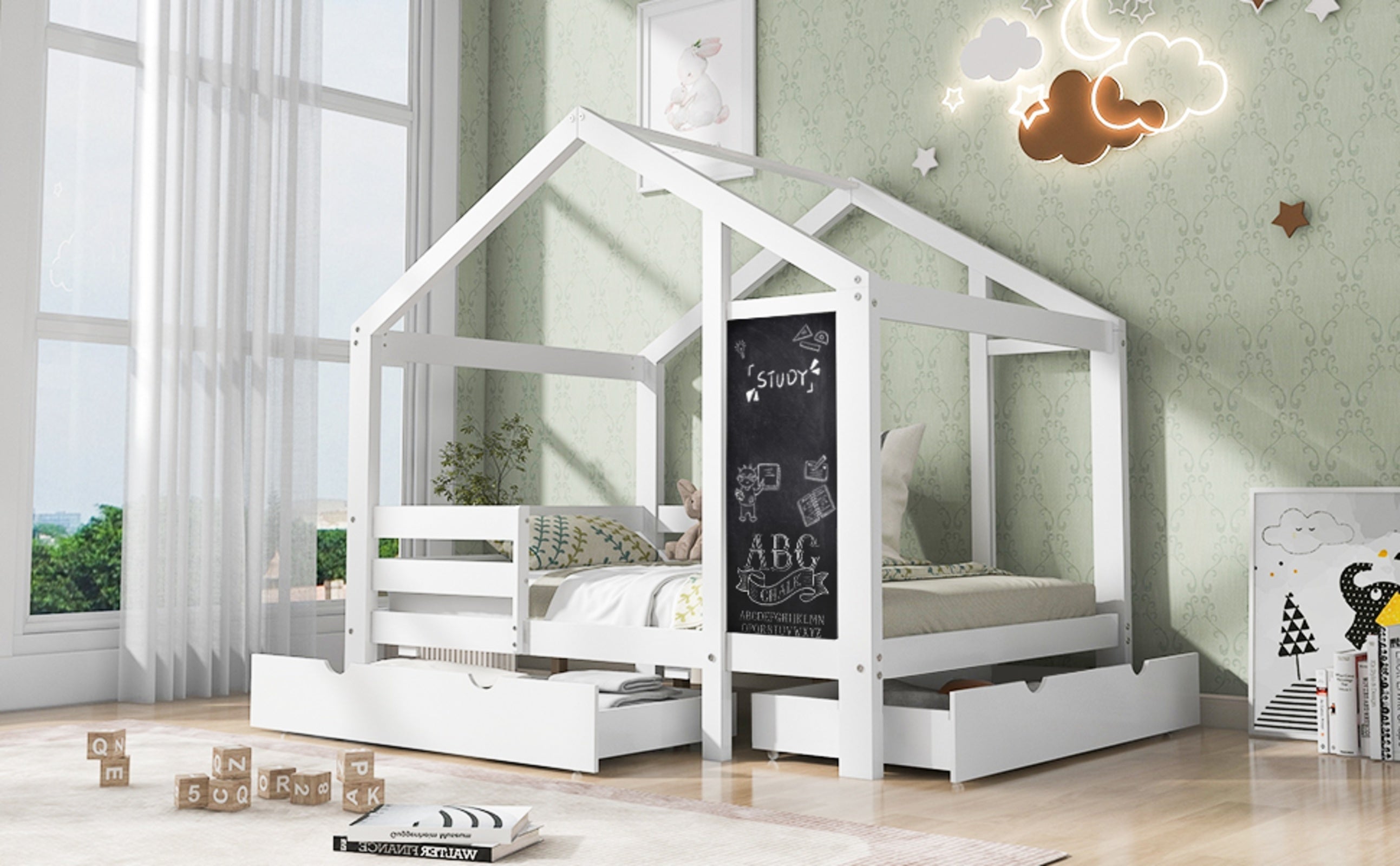 Twin House Bed With Blackboard And Drawers, Two Assembly Options, White