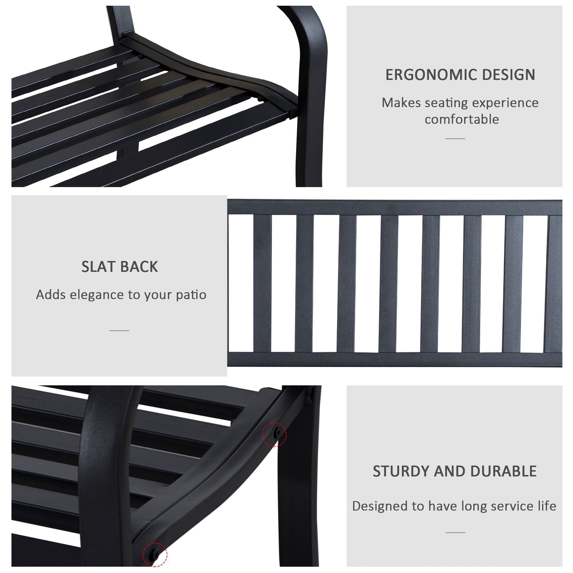50ft Outdoor Bench Seat, Patio Bench With Slatted Seat, Metal Porch Bench, With 2 Person Design, For Poolside, Lawn, Black