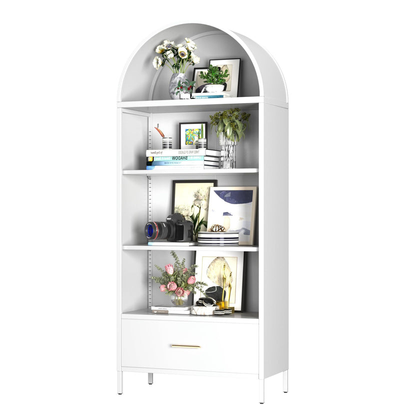72.83inch H Metal Arched Bookshelf Cabinets,Arch Bookshelf With Drawer For Home Office, Assemble Require, White