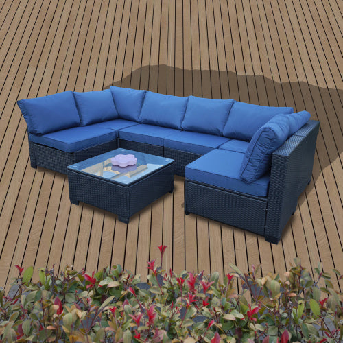 Seven-Piece Sofa Set Table With Sofa Chair Black PE Rattan Outdoor Furniture 7-JH001 Box 3-1-2-3 With Blue Color Cushion
