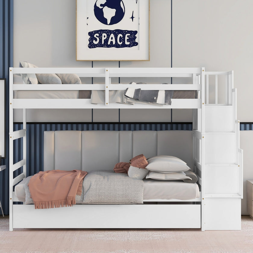 Twin Bunk Beds With Trundle & Stairway Storage In White