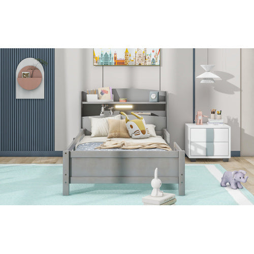 Wood Twin Size Platform Bed With Built-in LED Light, Storage Headboard And Guardrail, Antique Grey