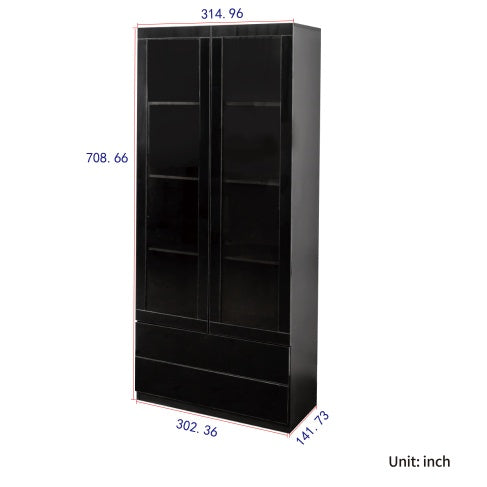 Display Cabinet With Glass Doors, Curio Storage Cabinet With 2-Drawer, Bookcase With LED Lights, Black