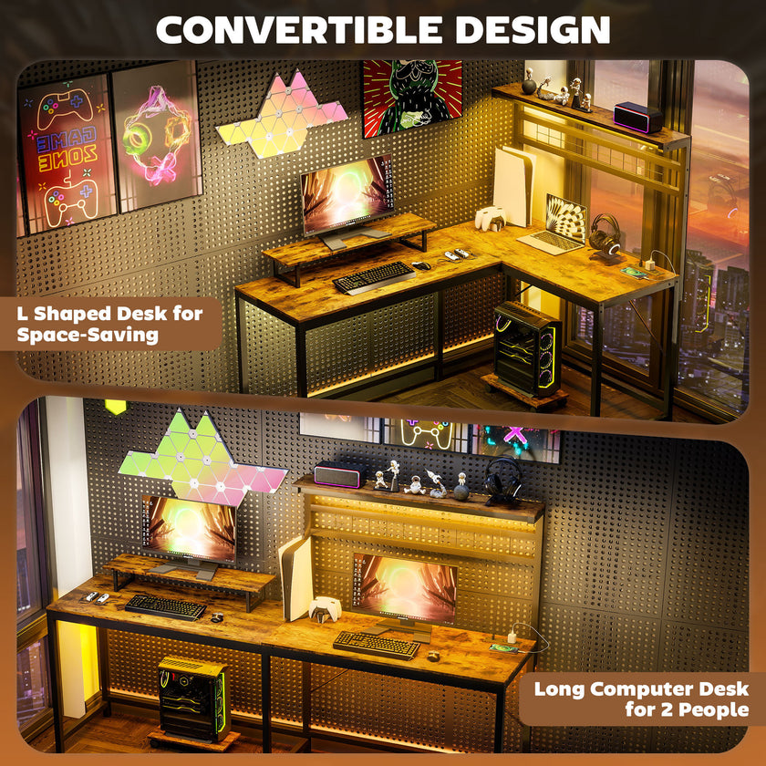 61.6 L Shaped Gaming Desk With Power Outlets & LED Lights, Computer Desk With Monitor Stand And CPU Shelf, Rustic Brown