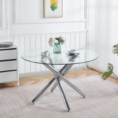 Chrome Dining Table With Metal Leg And Glass,Modern Space Saving Kitchen Table For Living Room,120X120X75CM