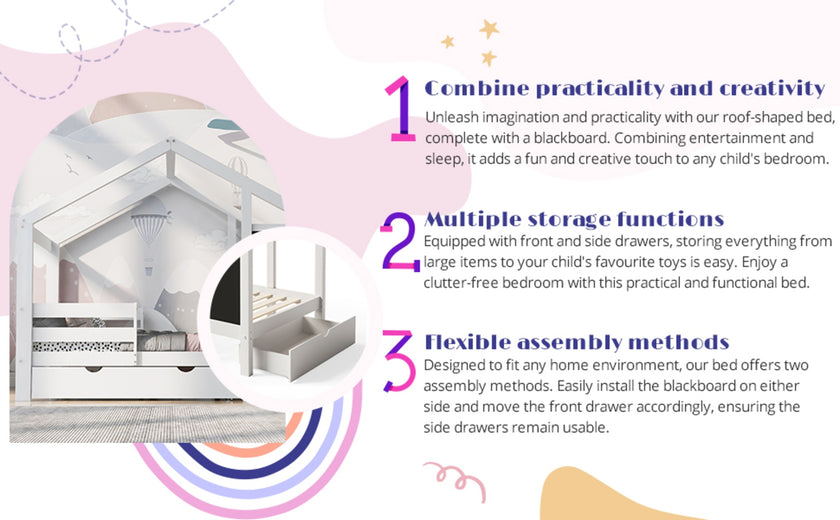 Twin House Bed With Blackboard And Drawers, Two Assembly Options, White