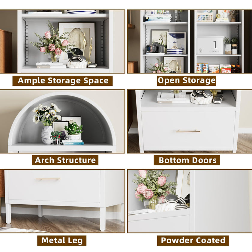 72.83inch H Metal Arched Bookshelf Cabinets,Arch Bookshelf With Drawer For Home Office, Assemble Require, White