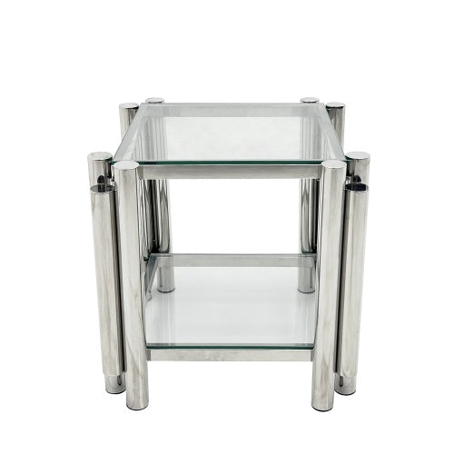 Modern Stainless Steel Coffee Table Set Set Of 3, Double-Layer Clear Tempered Glass Table Top, Coffee Table  Two End Side Table 3-Pieces Sets For Living Room Home Office