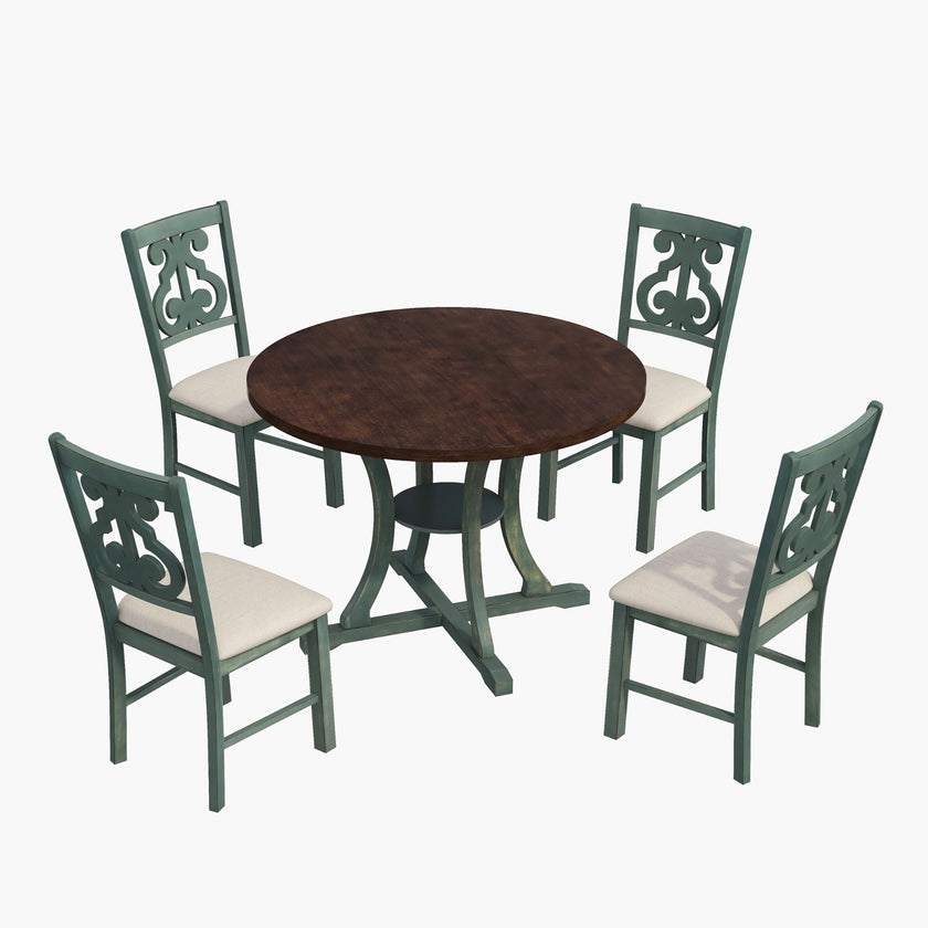 TREXM 5-Piece Round Dining Set With Fabric Chairs & Special-shaped Legs