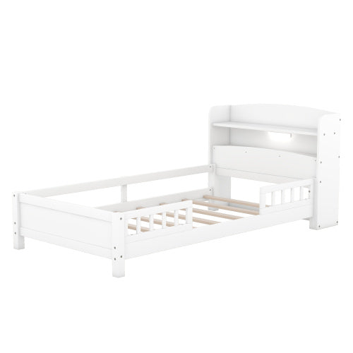 Wood Twin Size Platform Bed With Built-in LED Light, Storage Headboard And Guardrail, White