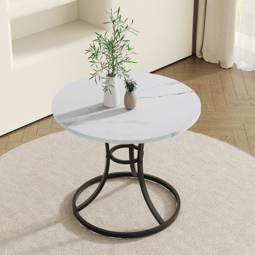A Modern Minimalist Circular Table With A Diameter Of 33.3 Inches, An Elegant And Practical Choice.White Marble Textured Pattern Desktop, Paired With Uniquely Shaped Metal Leg.