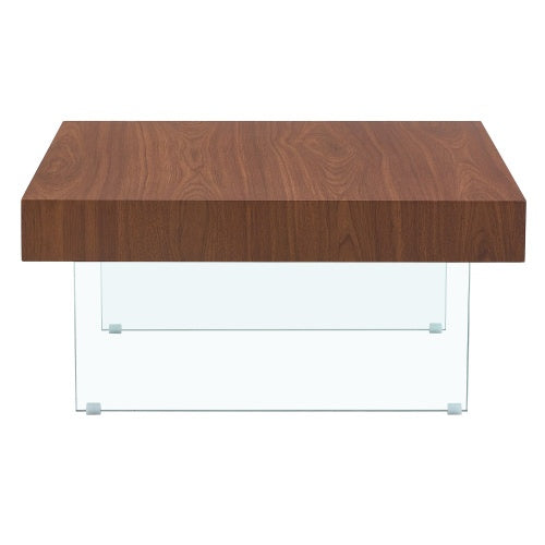Walnut Colored Square MDF Coffee Table  31.5x31.5 With Tempered Glass Legs.Density Board Sticker,Reinforced Glass Legs.Walnut Colored Texture Sticker
