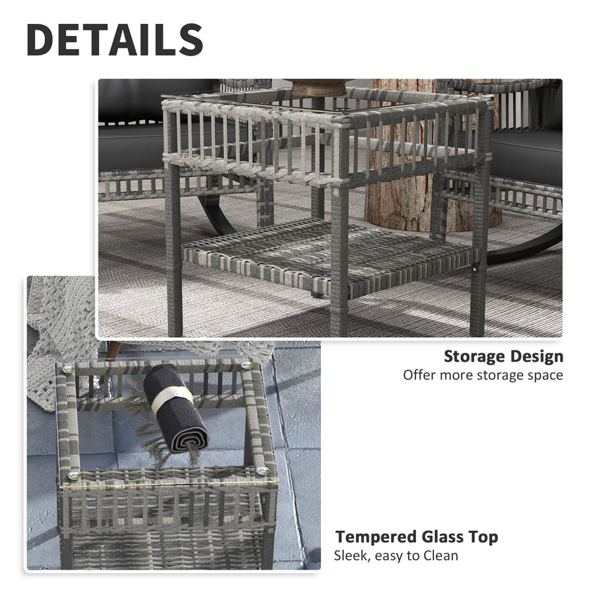 3 Piece Outdoor PE Rattan Rocker Chair Set, Rocking Chair With Tempered Glass Table Top, Gray