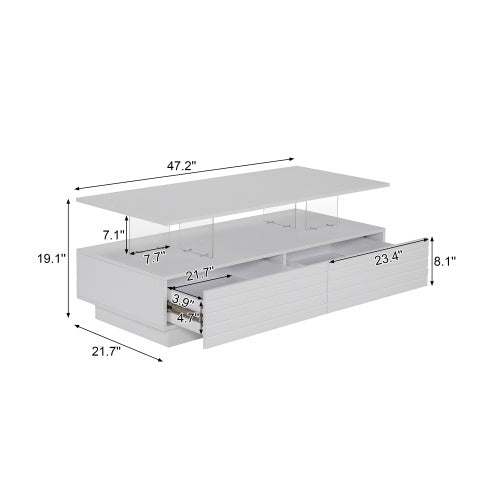 Modern White Rectangular LED Lights Coffee Table With 2 Drawers In 47.2