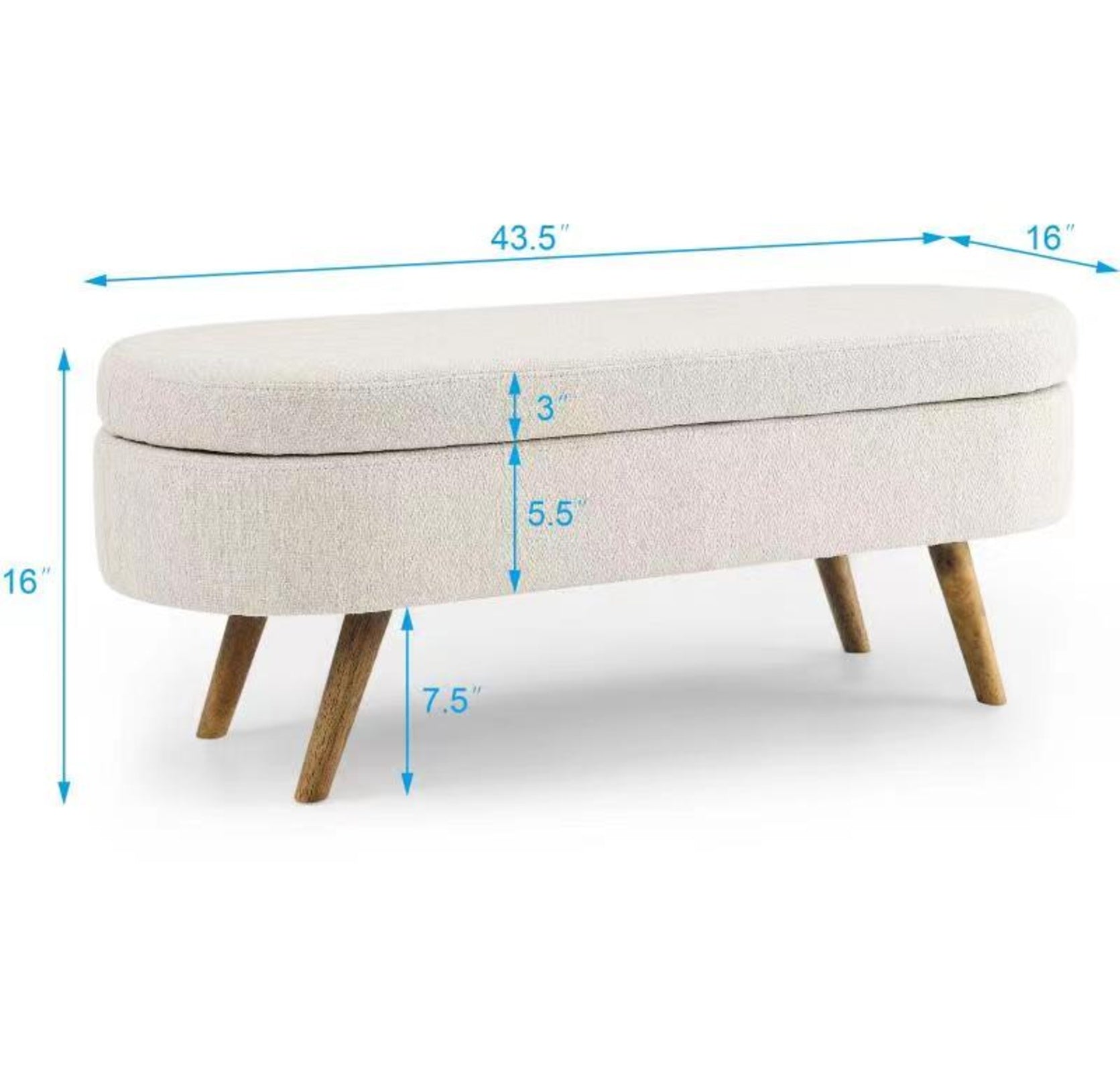 Ottoman Oval Storage Bench,Rubber Wood Legs, Beige 43.5x16x16