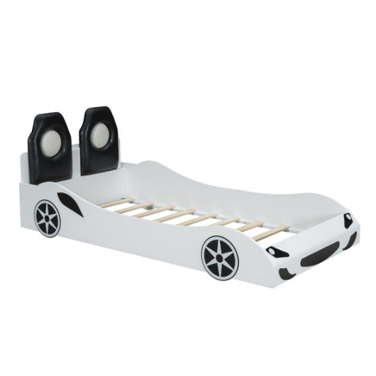 Wood Twin Size Race Car-Shaped Platform Bed With LED And Upholstered Backrest, White
