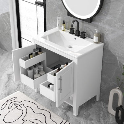 30 Bathroom Vanity With Sink, Multi-functional Bathroom Cabinet With Doors And Drawers, Solid Frame And MDF Board, White