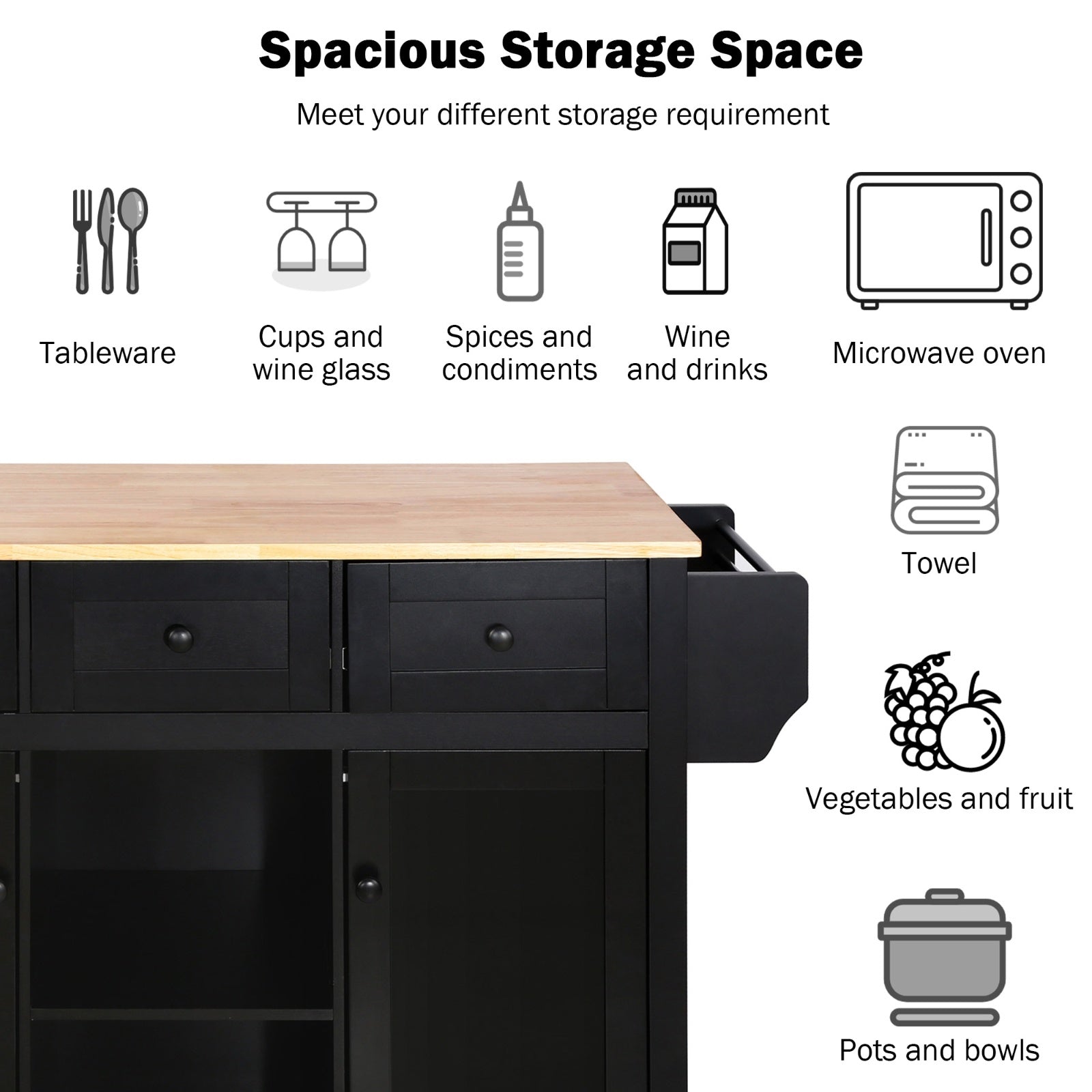 Kitchen Cart With Rubberwood Drop-Leaf Top, Cabinet Door, Storage Racks