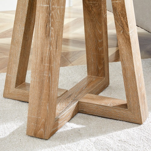 Modern And Practical Round Table. Made Of Clear Tempered Glass Top And Wood-coloured MDF Material. Suitable For Living Rooms And Bedrooms