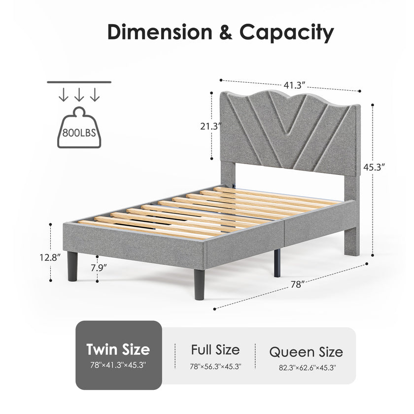 Modern Platform Bed Frame With Upholstered Headboard & Wooden Slats - No Box Spring Needed, Easy Assembly, Grey