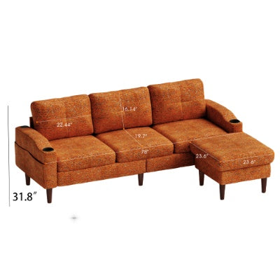 Convertible Combination Sofa Sofa L Shaped Sofa With Footstools With Storage,Orange Sofa For Living Room, Living Room Bedroom Office Small Space 3 Seater Combination Sofa