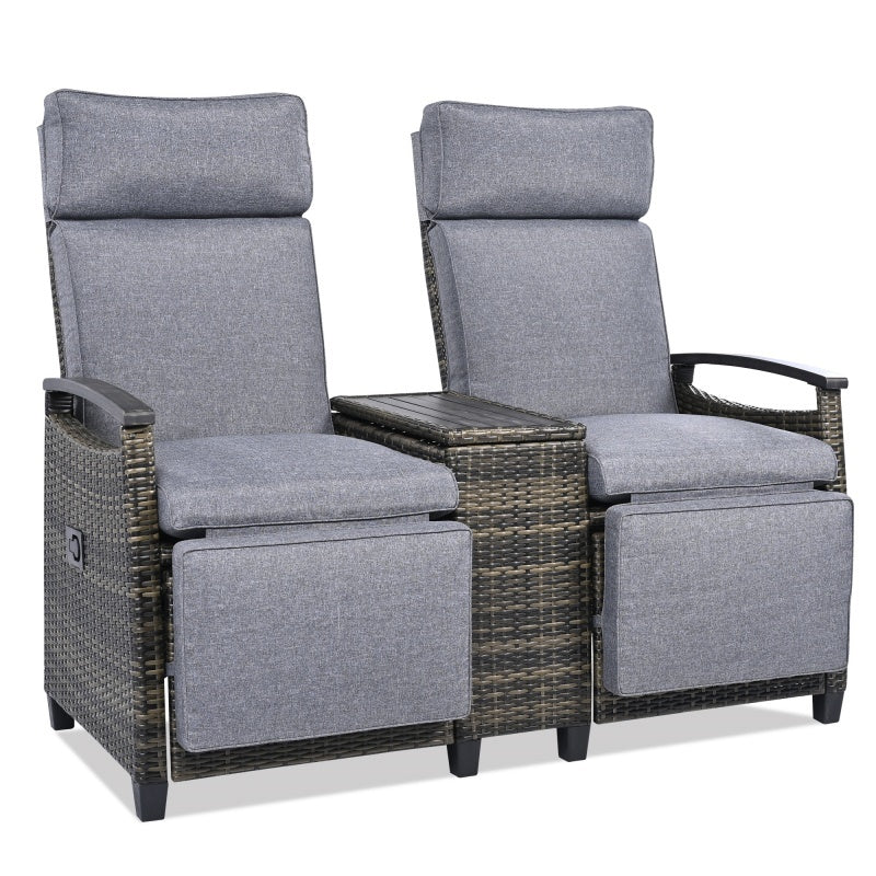 Terrace Lounge Chair Double Sofa, Adjustable Backrest Willow Outdoor Leisure Chair Set, Equipped With Acacia Wood Armrests And Built-in Storage Table, Gray, Prohibited Platform Temu