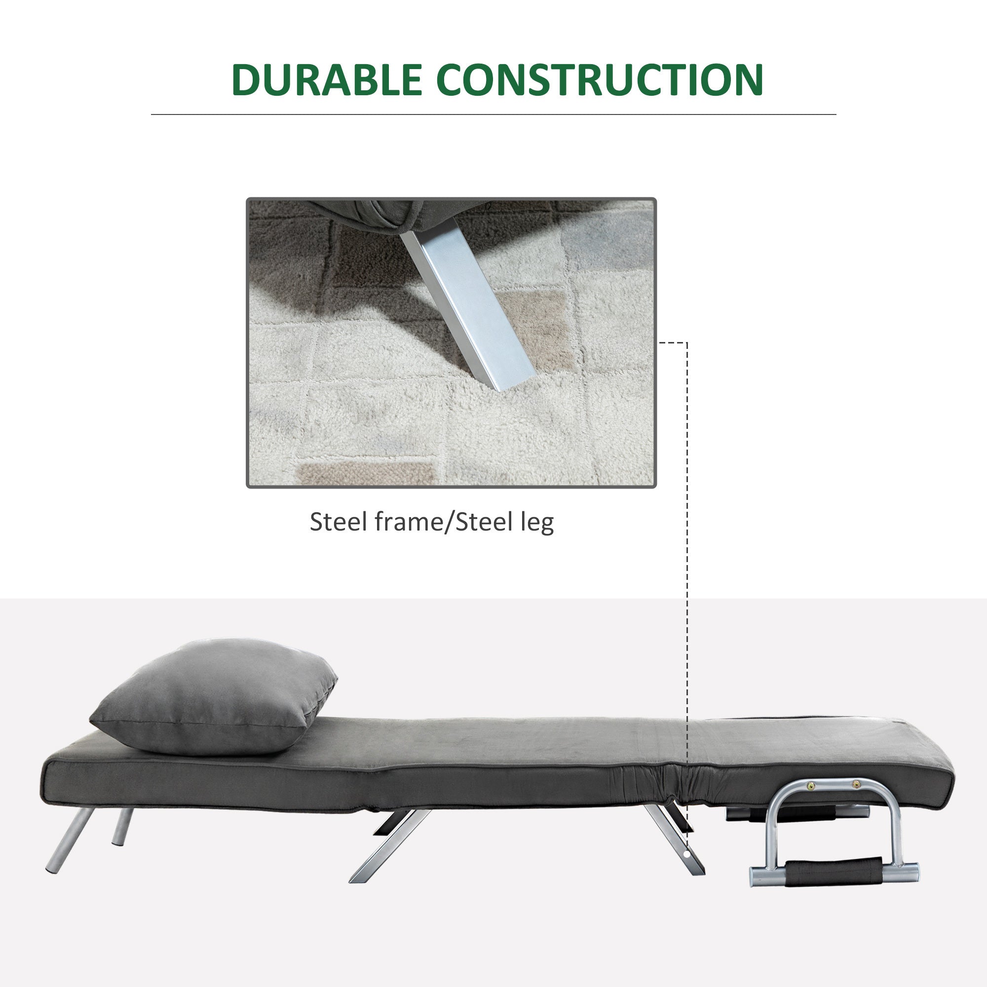 Convertible Sofa Bed 5 Position Folding Sleeper Chair Pillow Steel Frame Dark Grey