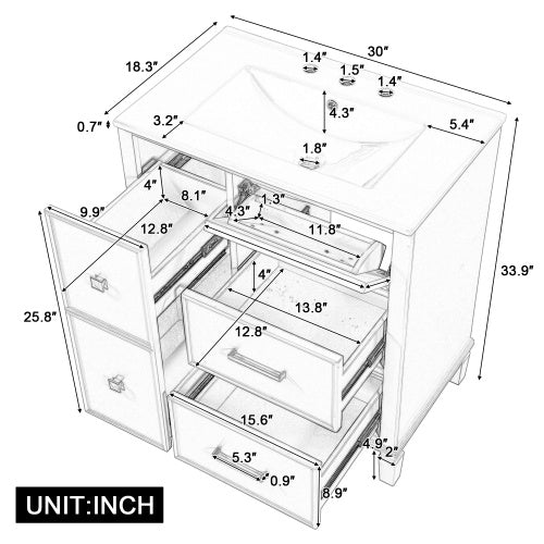 30 Inch Bathroom Vanity With Ceramic Sink, Flip-Out Drawer Design For Plumbing, White Painted MDF Cabinet With Solid Wood Legs