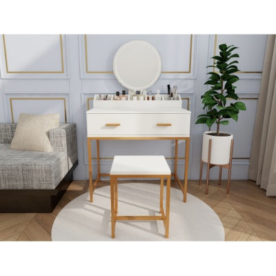 Vanity Set With Mirror And Stool - Makeup Vanity Table With Storage Drawers And Organizer, White And Gold, Space-Saving Design For Small Bedrooms