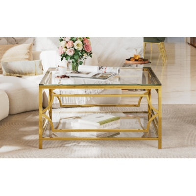 Square Glass Coffee Table In 33.5 ,Luxurious Geometric Metal Frame,Gold Finish  Lower Shelf
