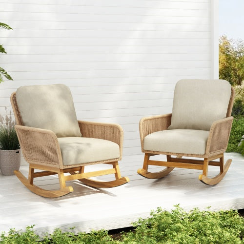 Contemporary Minimalist Ivory Wicker Rocking Chair With Soft Polyester Cushions And Durable Wooden Frame, Perfect For Indoor And Outdoor Spaces Like Patio, Balcony, Or Living Room
