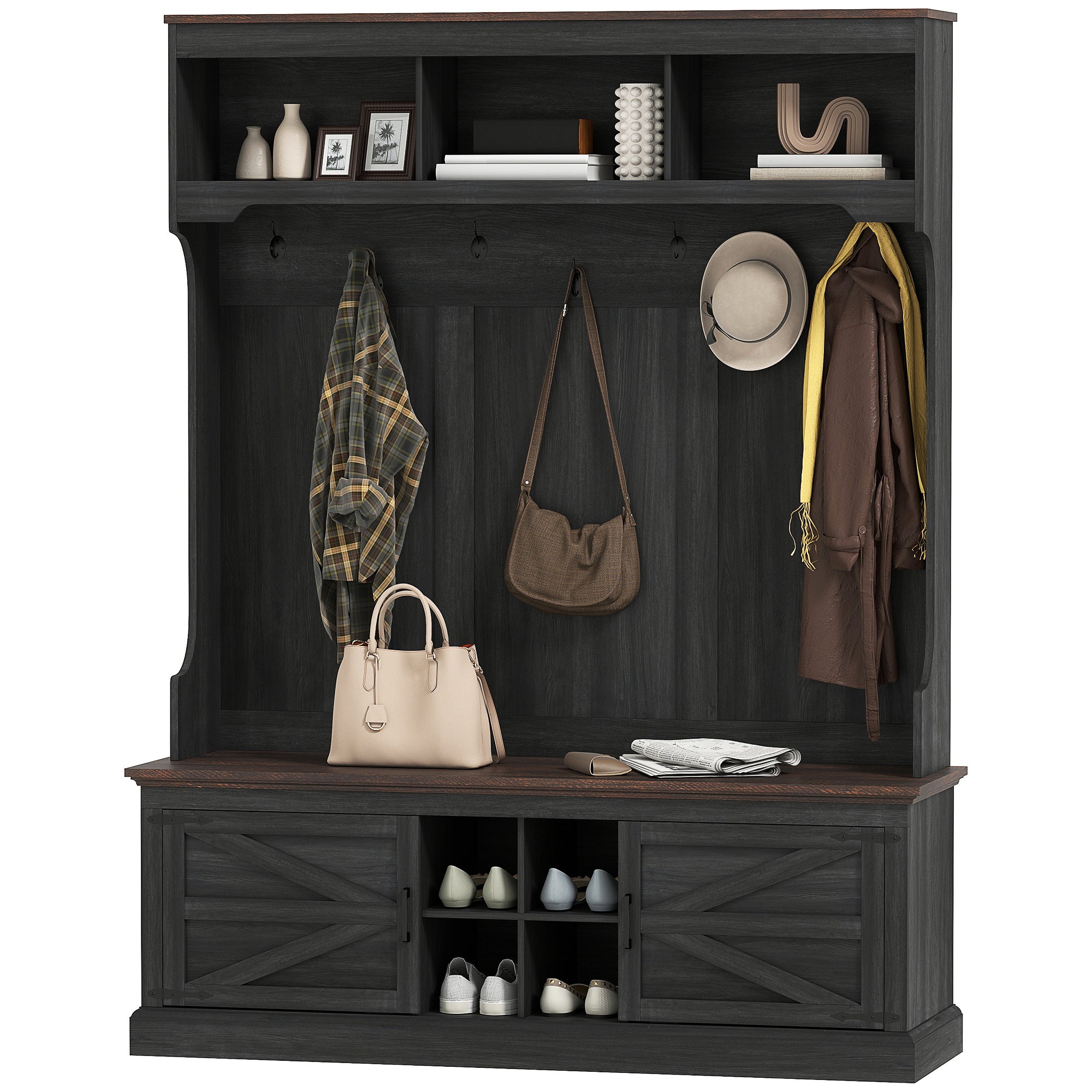 3-in-1 Hall Tree With Shoe Storage, Coat Rack With Bench, Entryway Furniture With Hooks, Black Wood Grain