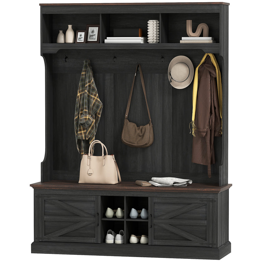 3-in-1 Hall Tree With Shoe Storage, Coat Rack With Bench, Entryway Furniture With Hooks, Black Wood Grain