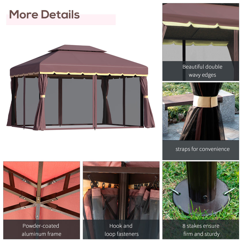 10x13 Aluminum Gazebo Patio Canopy  Outdoor Shelter With Double Roof, Netting & Curtains