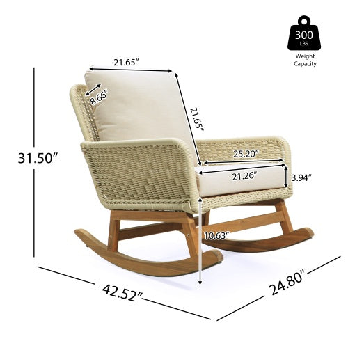 Contemporary Minimalist Ivory Wicker Rocking Chair With Soft Polyester Cushions And Durable Wooden Frame, Perfect For Indoor And Outdoor Spaces Like Patio, Balcony, Or Living Room