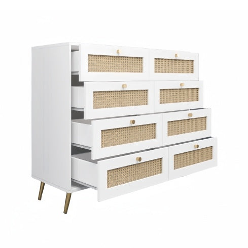 White Color 8 Drawers Chest Of Drawers With Rattan Drawer Face Golden Legs And Handles