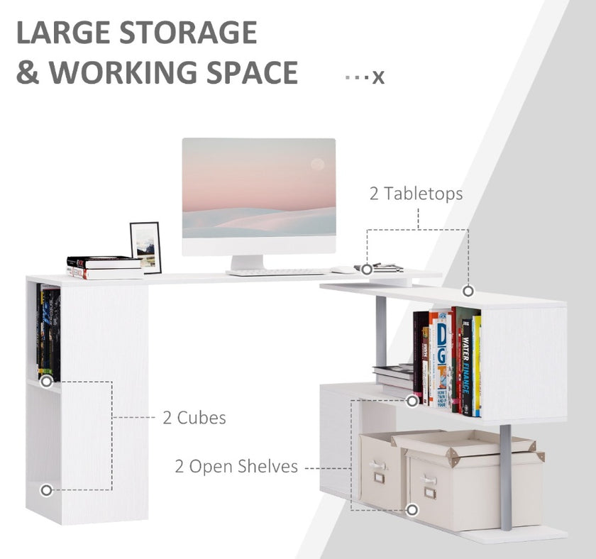 L-Shaped Desk 55 360 Rotating White Corner Computer Workstation With Storage