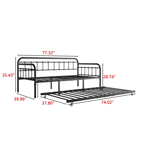 Twin Size Metal Daybed Frame With Trundle, Heavy Duty Steel Slat Support Sofa Bed Platform With Headboard, No Box Spring Needed, Black
