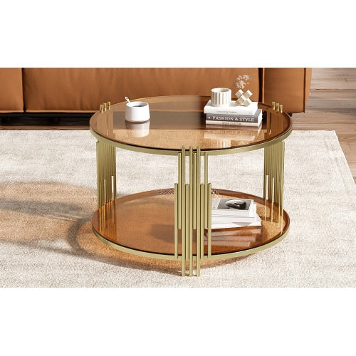 Modern Brown Glass Coffee Table, Asymmetrical Metal, Circular Metal Drum Base, Gold Finish  Lower Shelf