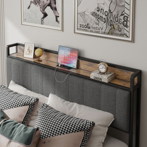 Queen Size Bed Frame With Charging Station, Upholstered Headboard, Metal Platform, Grey