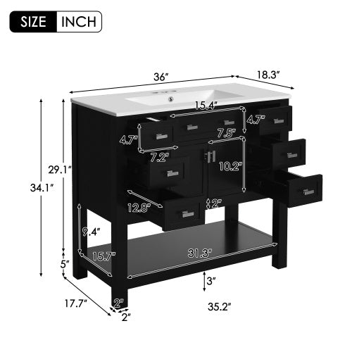 36'' Bathroom Vanity With Top Sink, Modern Bathroom Storage Cabinet With 2 Soft Closing Doors And 6 Drawers, Single Sink Bathroom Vanity